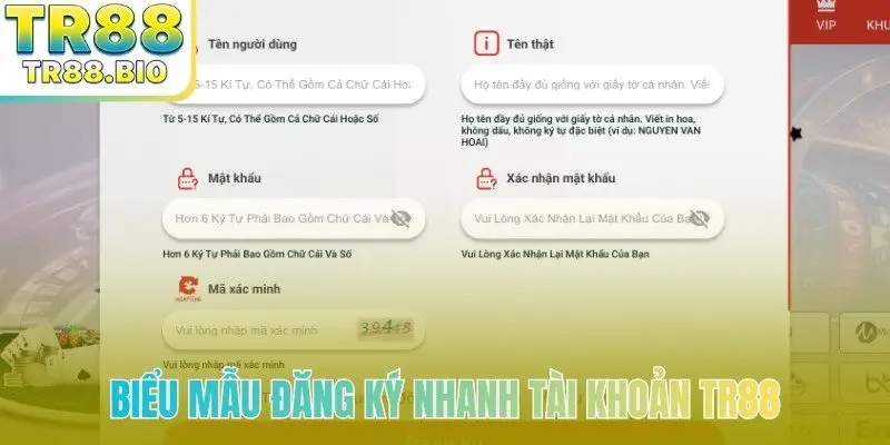 Biểu mẫu đăng ký nhanh tài khoản TR88